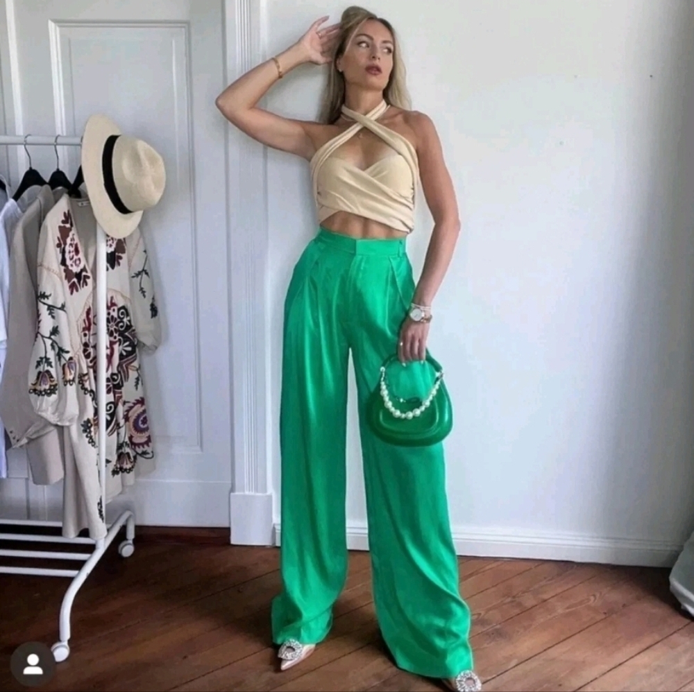Zara Emerald Green Satin Wide Leg High Waist Bloggers Trousers S